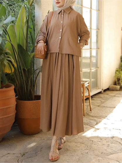 Ensemble Chemisier Boutonné &Jupe à Ourlet Froncé