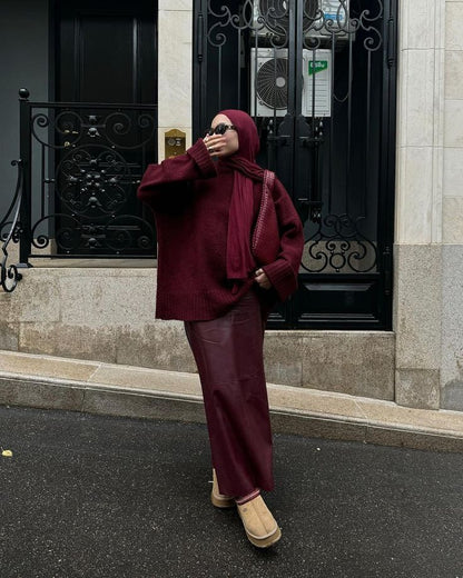 Ensemble Bordeaux – Pull Oversize &amp; Jupe Effet Cuir