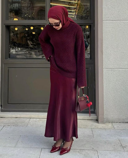 Ensemble Bordeaux – Pull Oversize &amp; Jupe Effet Cuir